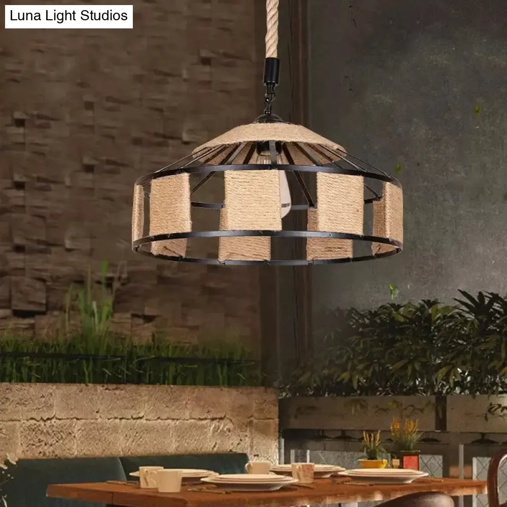 Rural Barn Pendant Light with Rustic Roped Design in Brown