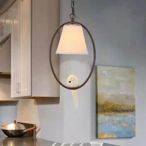 Rustic Metal Oval Hanging Light with Bird & Shade - 1 Head Pendant Light for Balcony in Beige
