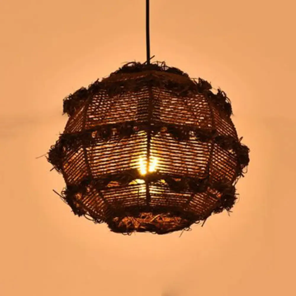 Rustic Rattan Globe Pendant Light in Beige/Black for Table