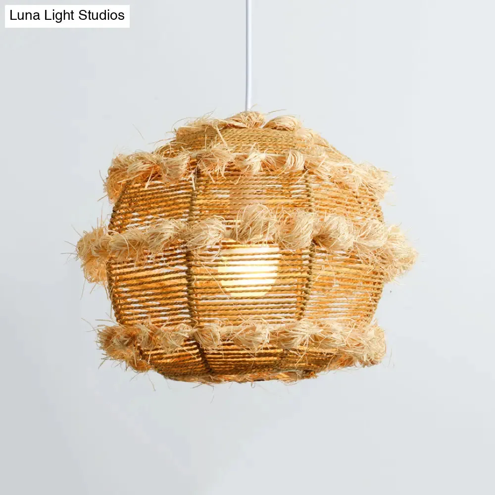 Rustic Rattan Globe Pendant Light in Beige/Black for Table