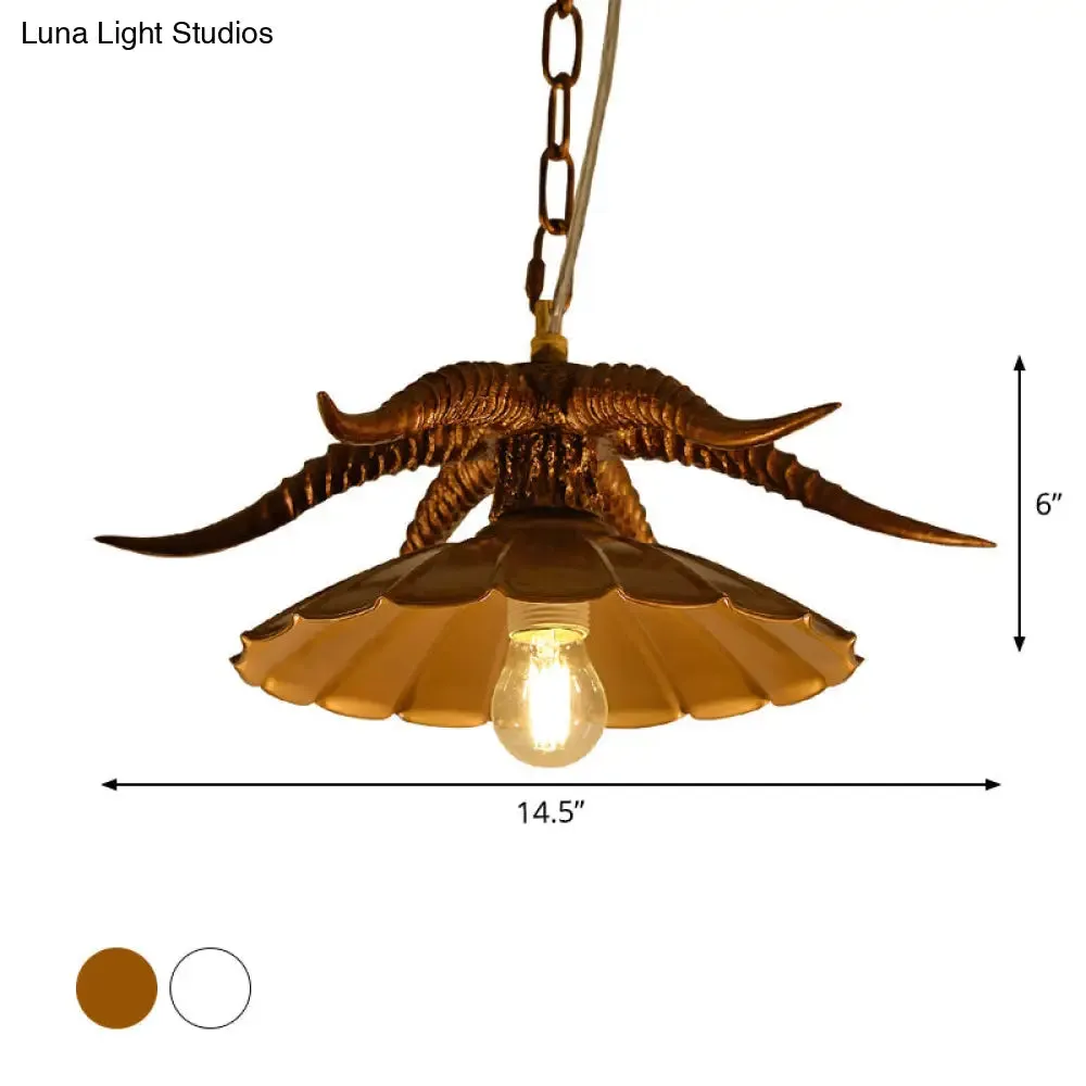 Rustic Resin OX Horn Hanging Lamp: Brass/White Pendant Light with Scalloped Shade