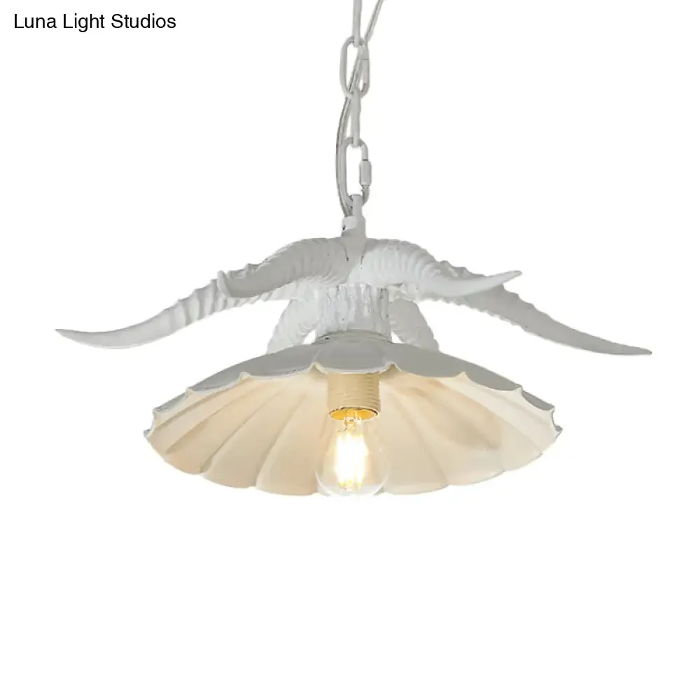 Rustic Resin OX Horn Hanging Lamp: Brass/White Pendant Light with Scalloped Shade