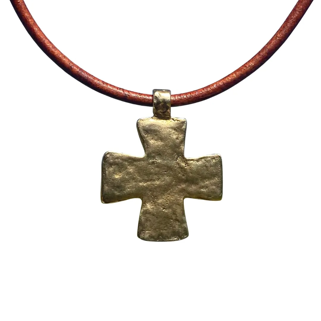 Rustic Silver Flat Cross Necklace - Gold Hammered Men Gift, Mens Gifts, Catholic Women Crosses, Religious Jewelry, Protection Charm, God Faith (Gold)