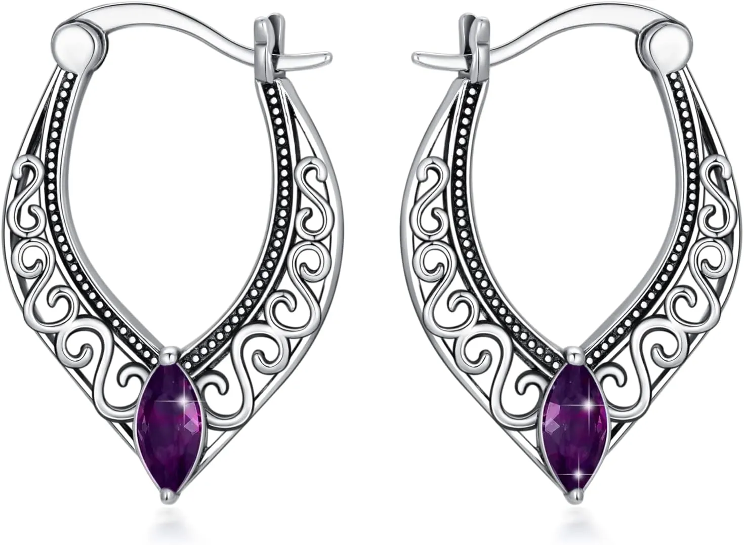 S925 Sterling Silver Vintage Filigree Hoop earrings Hanging Earrings Embellished with Crystals from Austria, hypoallergenic Click-Top earrings Jewelry Gift for Teen Girl Women