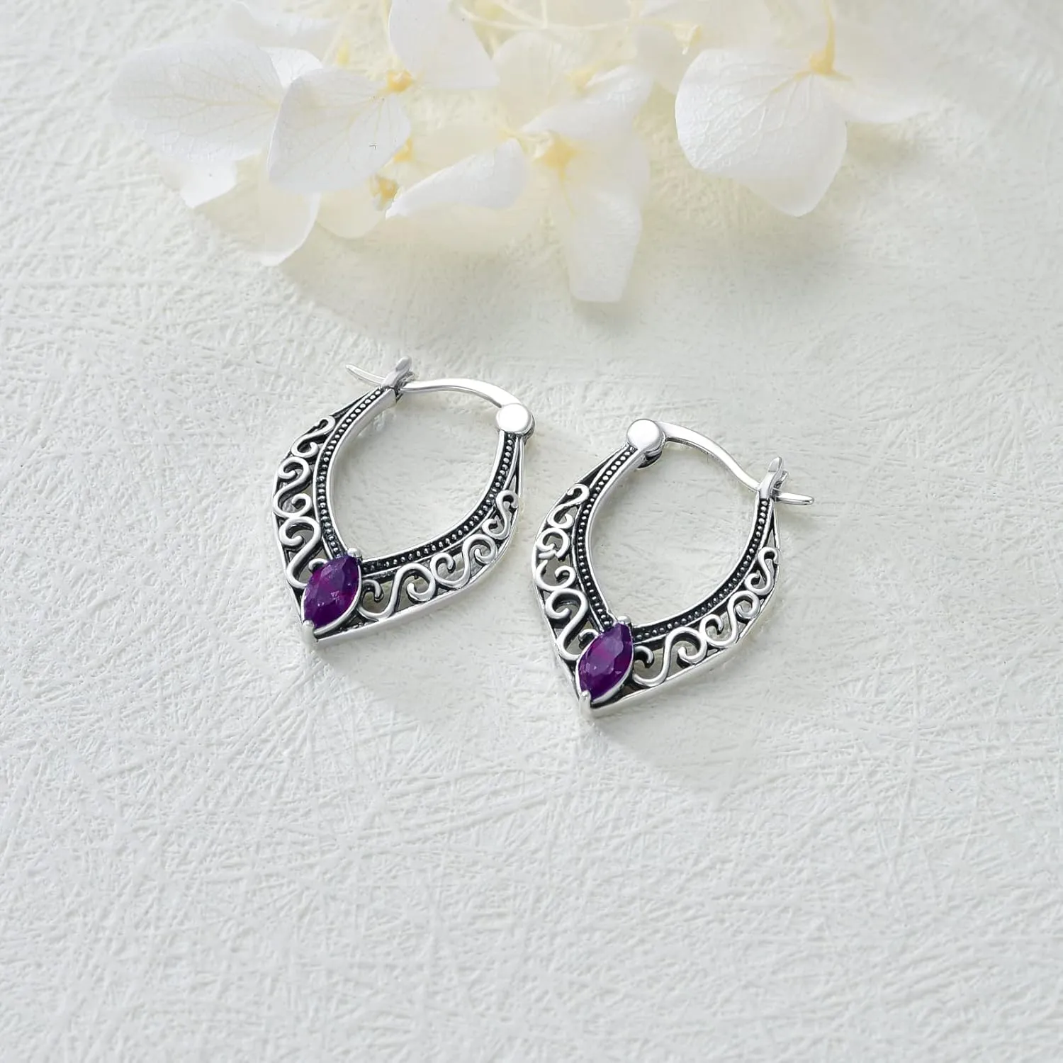 S925 Sterling Silver Vintage Filigree Hoop earrings Hanging Earrings Embellished with Crystals from Austria, hypoallergenic Click-Top earrings Jewelry Gift for Teen Girl Women