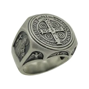 Saint Benedict Sterling Silver 925 Christian Roman Catholic Exorcism Mens Ring, Demon Protection