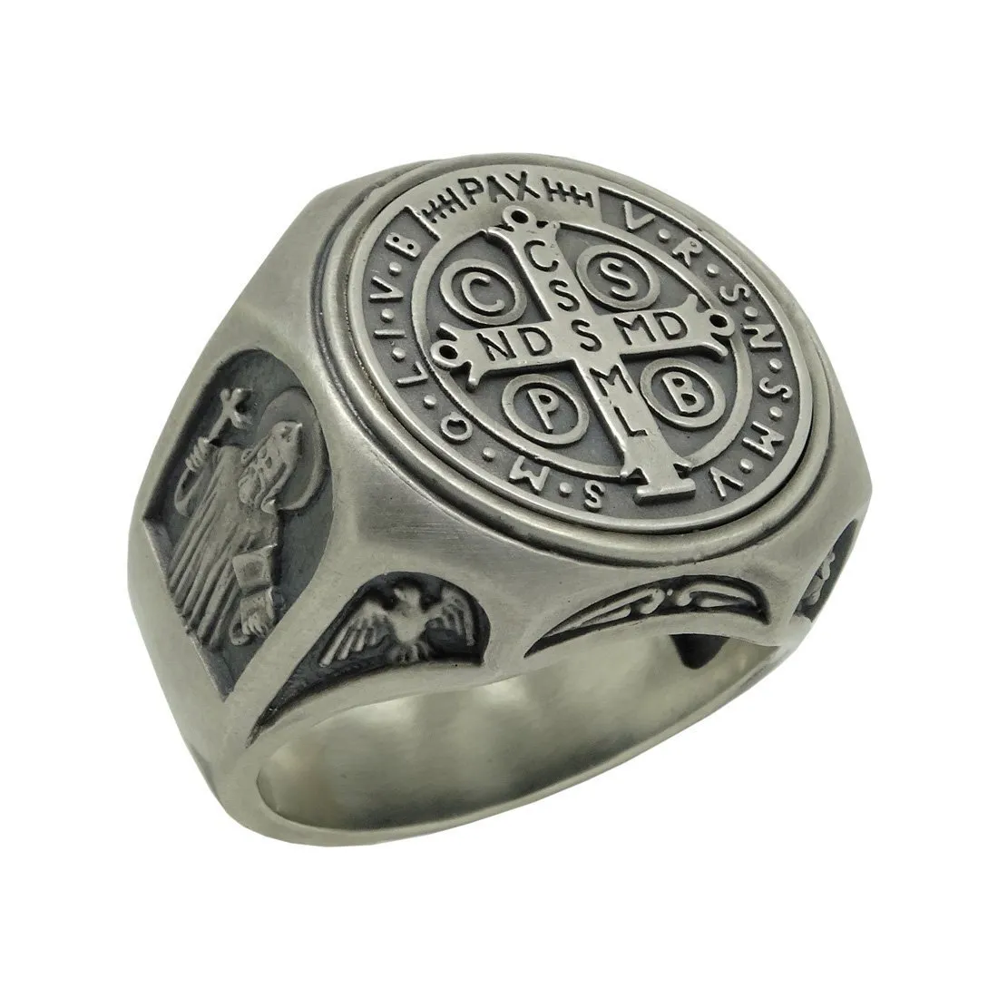 Saint Benedict Sterling Silver 925 Christian Roman Catholic Exorcism Mens Ring, Demon Protection