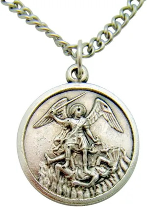 Saint Michael Protector Silver Tone Metal Pendant Italian Medal Gift One Inch W Stainless Steel Chain