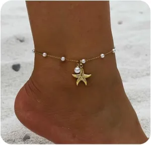 Sanyaa Gold Pearl Starfish Anklet Bracelet 18K Gold Stainless Steel Hawaiian Anklet for Women