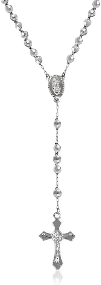 Savlano 14K Gold Plated Beaded Rosary Cross Necklace  6.5MM Crucifix Cross Medallion Rosary Chain Y-Necklace for Women & Men Religious Jewelry Comes in Gold, Gold-Rose-Silver with a Gift Box
