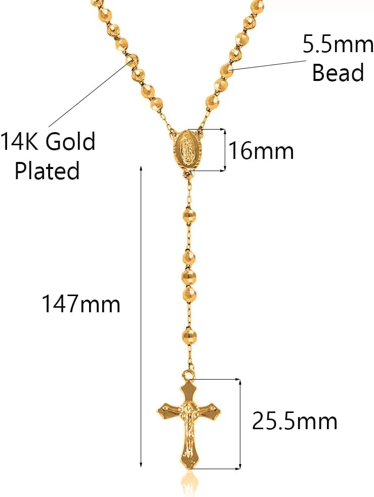 Savlano 14K Gold Plated Beaded Rosary Cross Necklace  6.5MM Crucifix Cross Medallion Rosary Chain Y-Necklace for Women & Men Religious Jewelry Comes in Gold, Gold-Rose-Silver with a Gift Box