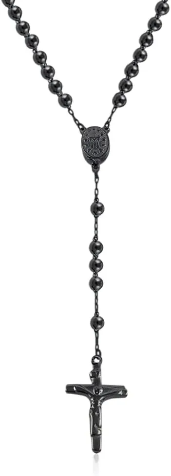 Savlano Stainless Steel Beaded Rosary Cross Necklace 6MM Crucifix Cross Medallion Rosary Chain Y-Necklace for Women & Men Religious Jewelry Comes in Silver, Gold, Rose, Black Color with a Gift Box