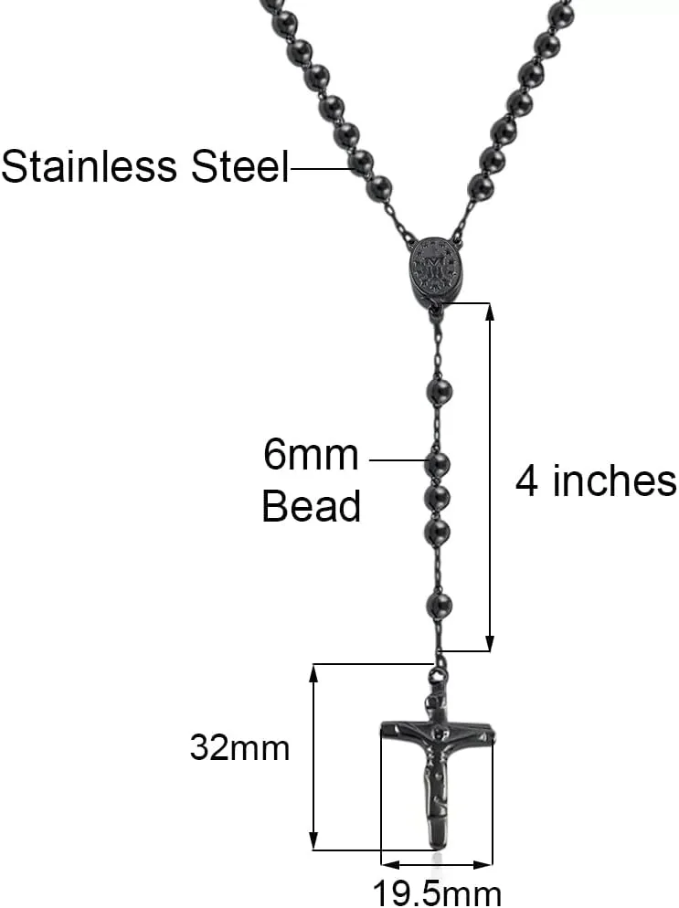 Savlano Stainless Steel Beaded Rosary Cross Necklace 6MM Crucifix Cross Medallion Rosary Chain Y-Necklace for Women & Men Religious Jewelry Comes in Silver, Gold, Rose, Black Color with a Gift Box