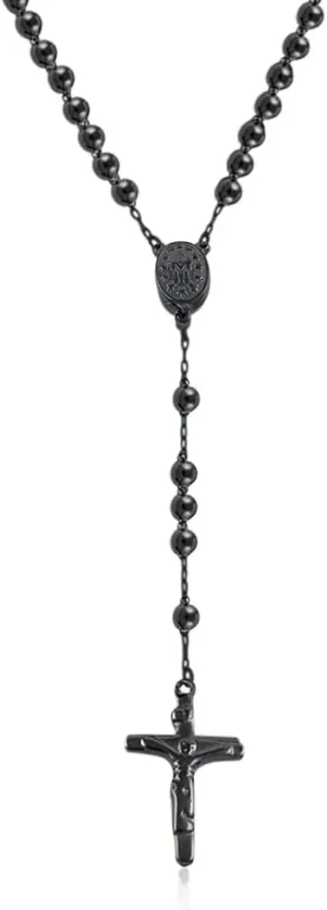 Savlano Stainless Steel Beaded Rosary Cross Necklace 6MM Crucifix Cross Medallion Rosary Chain Y-Necklace for Women & Men Religious Jewelry Comes in Silver, Gold, Rose, Black Color with a Gift Box