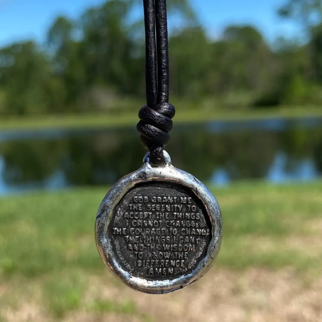 Serenity Prayer Men Necklace - Medallion Rustic, Coin, Silver Cross Charm, Women Gold Pendant, Mens Gifts, God Faith, Religious Jewelry, Catholic Accessories (Silver, Black Leather)