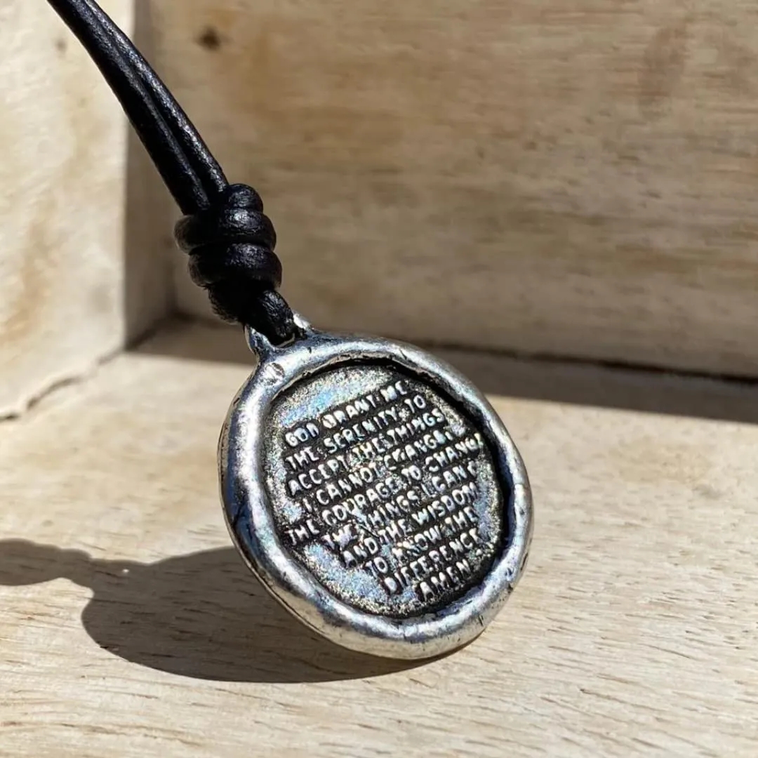 Serenity Prayer Men Necklace - Medallion Rustic, Coin, Silver Cross Charm, Women Gold Pendant, Mens Gifts, God Faith, Religious Jewelry, Catholic Accessories (Silver, Black Leather)