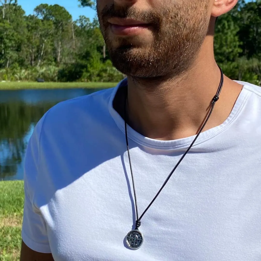 Serenity Prayer Men Necklace - Medallion Rustic, Coin, Silver Cross Charm, Women Gold Pendant, Mens Gifts, God Faith, Religious Jewelry, Catholic Accessories (Silver, Black Leather)