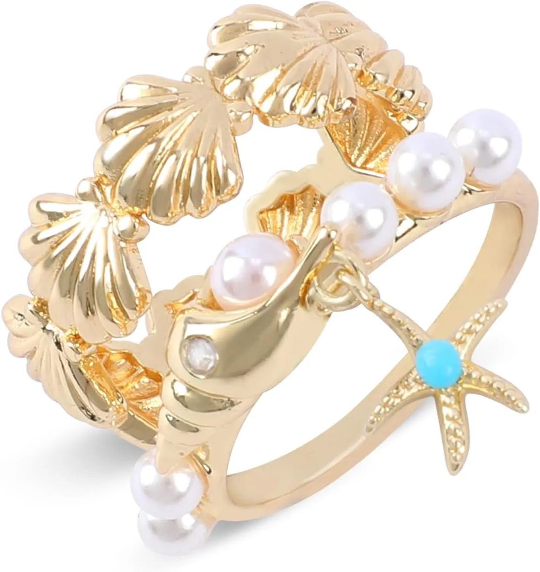 Shell Ring Flower for Women, Double Layer 14k Gold Plated Seashell Pearl Pink Daisy Flower Ring with Starfish Dangle Ocean Theme Stackable Ring Handmade Bohemian Beach Rings Gift for Ocean Lovers