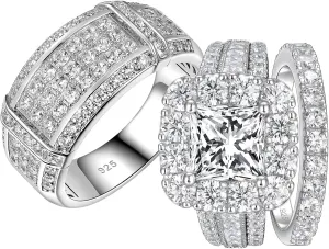 SHELOVES Brilliant CZ Couple Wedding Ring Sets 925 Sterling Silver His and Hers Promise Ring Sz 7 10