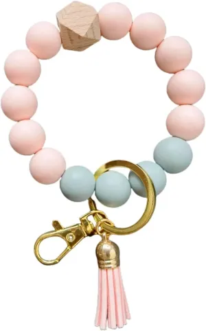 Silicone bead keyring bracelet, wrist bracelet car keychain,women car keychains with PU leather tassel, silicone bead bracelet keychains for women's gifts