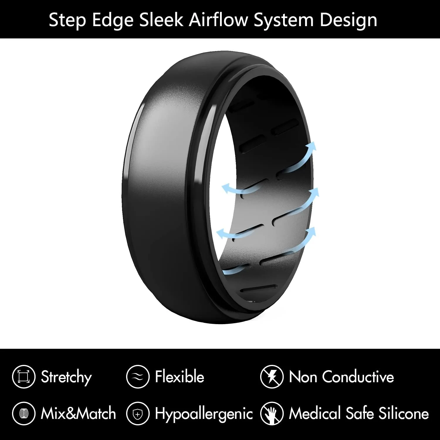 Silicone Ring Men, 7 Rings / 2 Rings - Breathable Men's Rubber Wedding Bands - Step Edge Airflow Inner Grooves, 8mm Wide, 2.2mm Thick