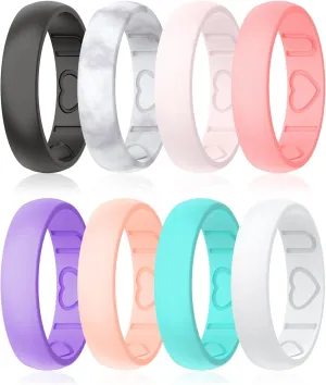 Silicone Ring Women - Heart [I Love U] Pattern Airflow Flow Grooves Breathable Rubber Wedding Bands for Women - 8 Rings / 4 Rings