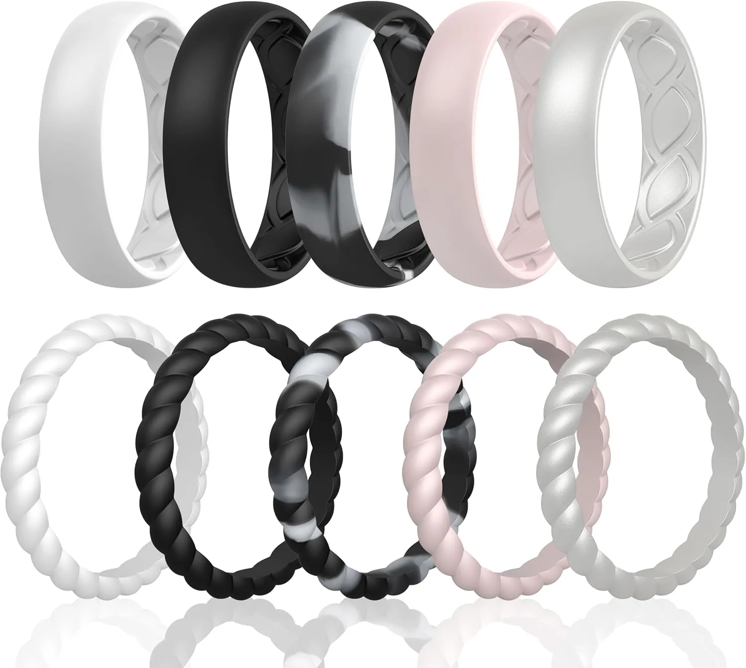 Silicone Rings Women, Ergonomic with Breathable Airflow Design - Multipack: 5 Breathable Wedding Bands, 5 Thin & Stackable Rings