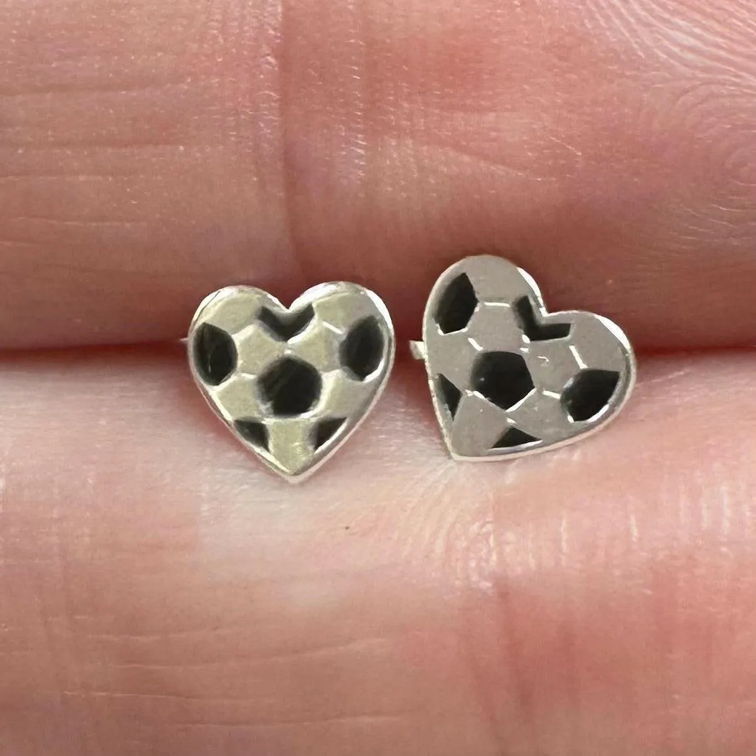 Silver Heart Football Ear Stud Earrings - Sporty and Stylish Jewelry