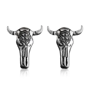 Silver Western Charm Stud Earrings Bohemian Natural Turquoise Silver Cowboy Hat Cactus Boots Earrings Retro Bullhead Flower Earrings Ethnic Jewelry for Country Girl Gift (Bull Head)