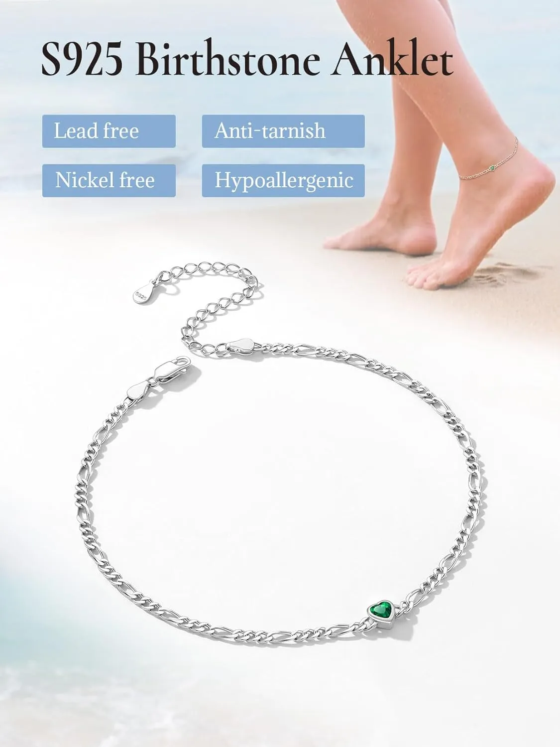 SILVERCUTE Figaro Anklets for Women, Sterling Silver Chain Ankle Bracelet with Heart/Round Birthstones, Length 8.5"-10.5"