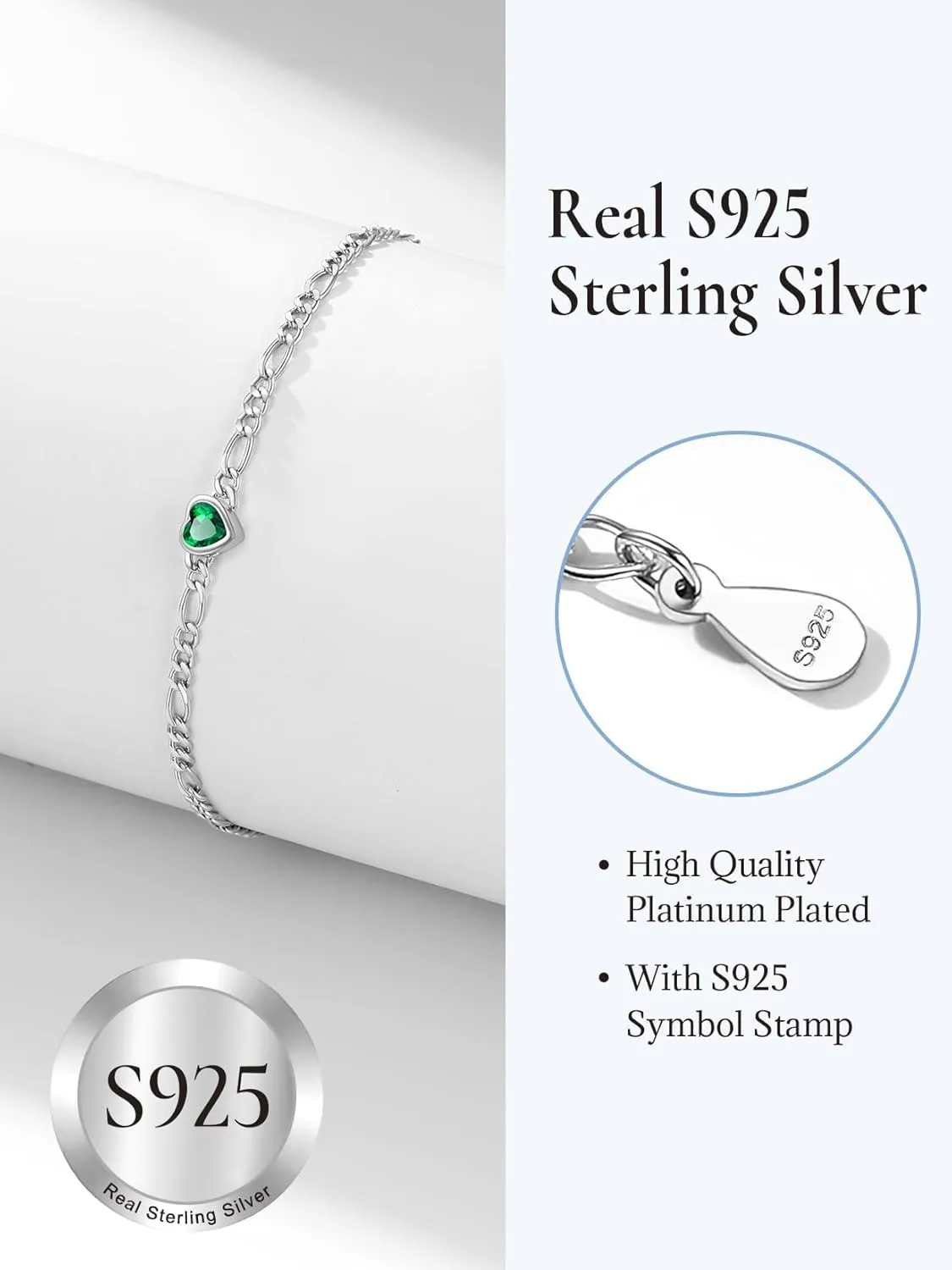 SILVERCUTE Figaro Anklets for Women, Sterling Silver Chain Ankle Bracelet with Heart/Round Birthstones, Length 8.5"-10.5"