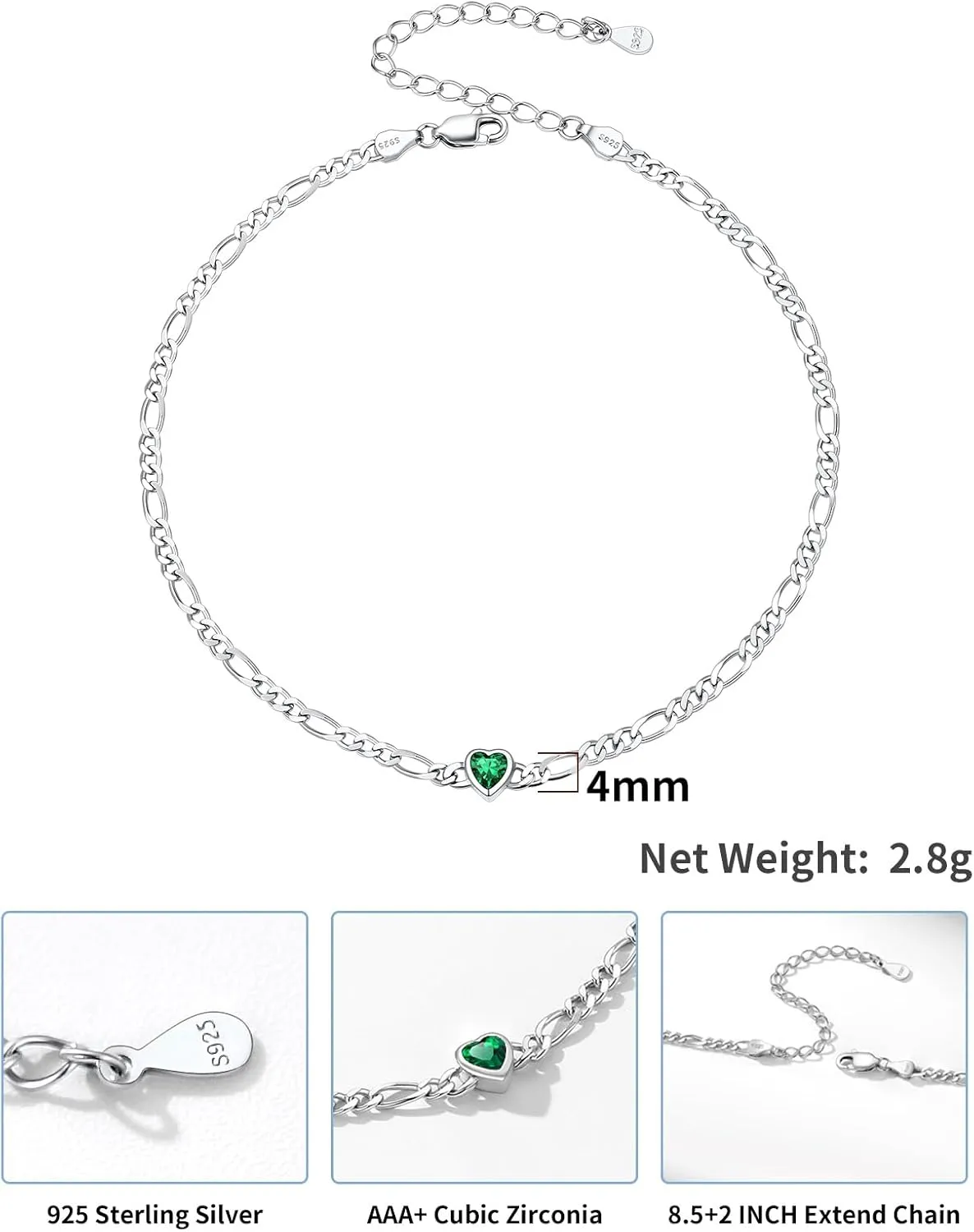 SILVERCUTE Figaro Anklets for Women, Sterling Silver Chain Ankle Bracelet with Heart/Round Birthstones, Length 8.5"-10.5"