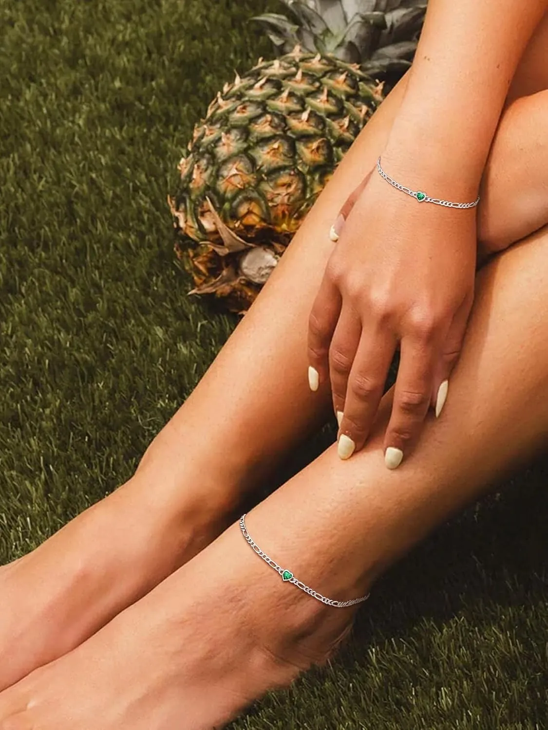 SILVERCUTE Figaro Anklets for Women, Sterling Silver Chain Ankle Bracelet with Heart/Round Birthstones, Length 8.5"-10.5"