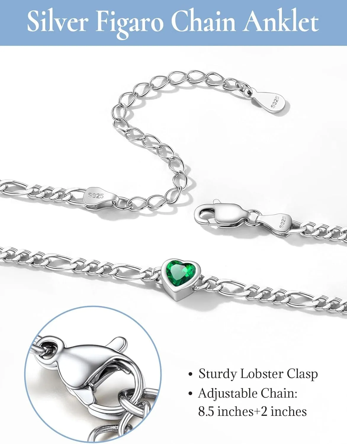 SILVERCUTE Figaro Anklets for Women, Sterling Silver Chain Ankle Bracelet with Heart/Round Birthstones, Length 8.5"-10.5"