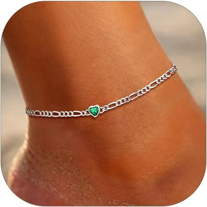 SILVERCUTE Figaro Anklets for Women, Sterling Silver Chain Ankle Bracelet with Heart/Round Birthstones, Length 8.5"-10.5"