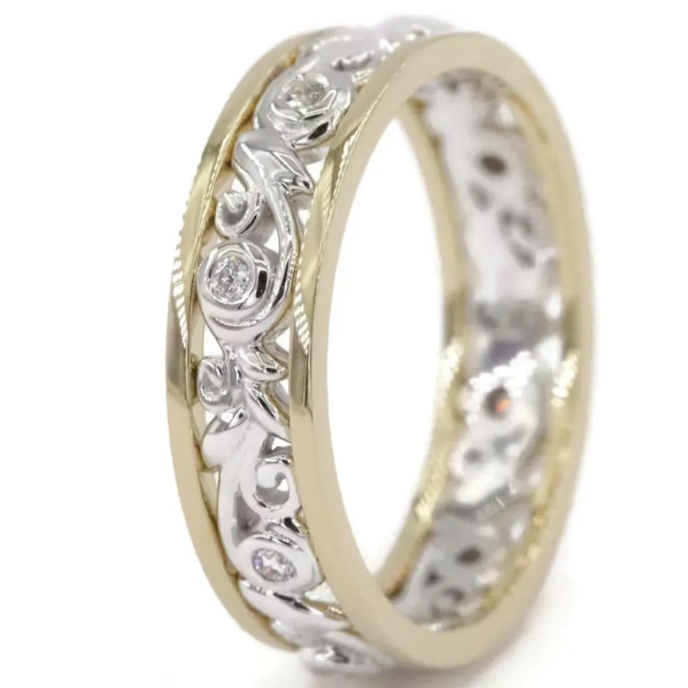 SilverDia 0.30 Ct Round Diamond Two Tone Vintage Style Rustic Vine Leaf Scroll Pattern Foliage Wedding Band 14K Gold Plated Victorian Filigree Jewelry 925 Sterling Silver Handmade Proposal Band