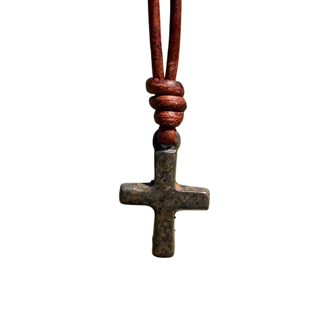 Small Gold Hammered Cross Necklace - Religious Jewelry, Mens Faith, Catholic Women, Men Gifts, Protect Us, Father Christmas Gift, Best Friend (Rustic Brown)