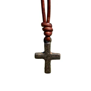 Small Hammered Cross Necklace - Religious Jewelry, Mens Faith, Catholic Women, Men Gifts, Protect Us, Father Christmas Gift, Best Friend (Rustic Brown, Antique Leather)