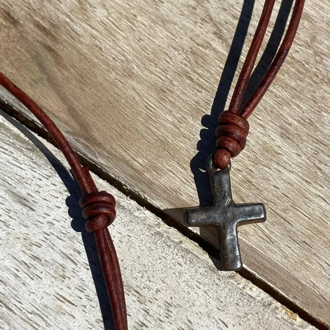 Small Hammered Cross Necklace - Religious Jewelry, Mens Faith, Catholic Women, Men Gifts, Protect Us, Father Christmas Gift, Best Friend (Rustic Brown, Antique Leather)