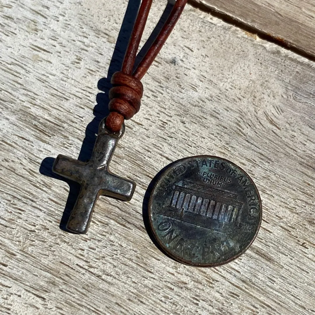 Small Hammered Cross Necklace - Religious Jewelry, Mens Faith, Catholic Women, Men Gifts, Protect Us, Father Christmas Gift, Best Friend (Rustic Brown, Antique Leather)