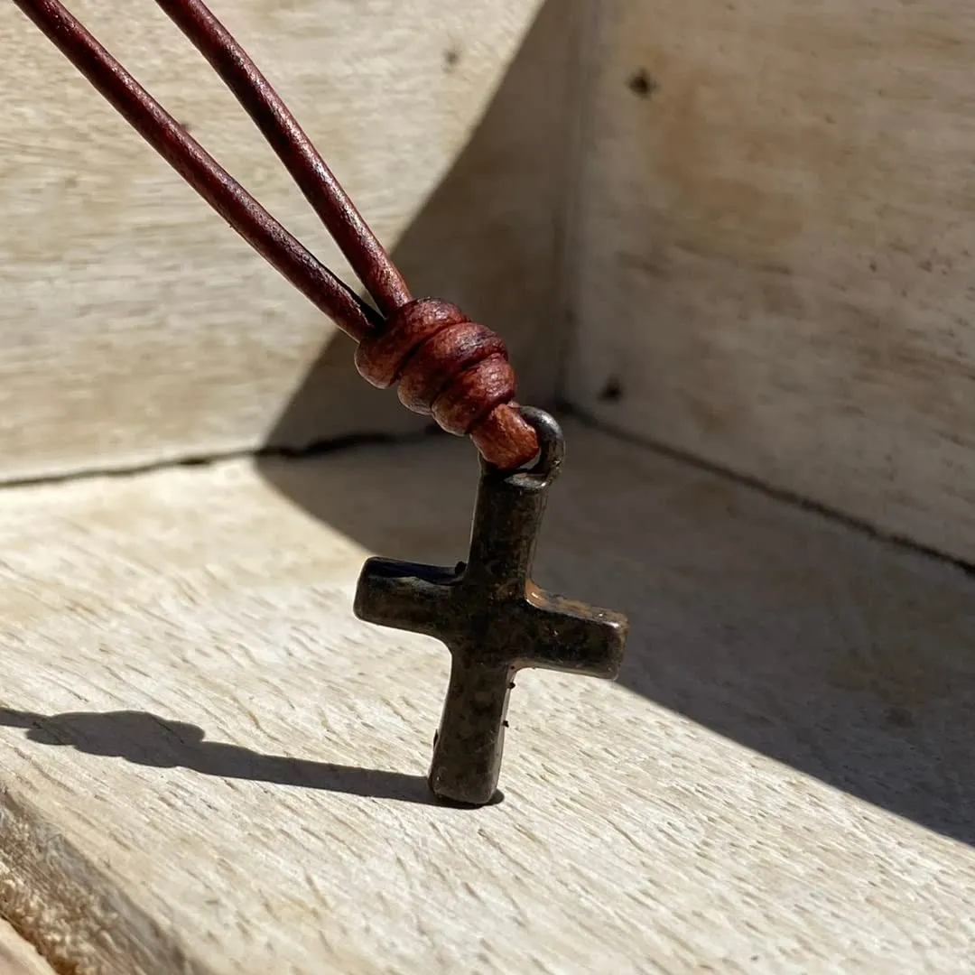 Small Hammered Cross Necklace - Religious Jewelry, Mens Faith, Catholic Women, Men Gifts, Protect Us, Father Christmas Gift, Best Friend (Rustic Brown, Antique Leather)