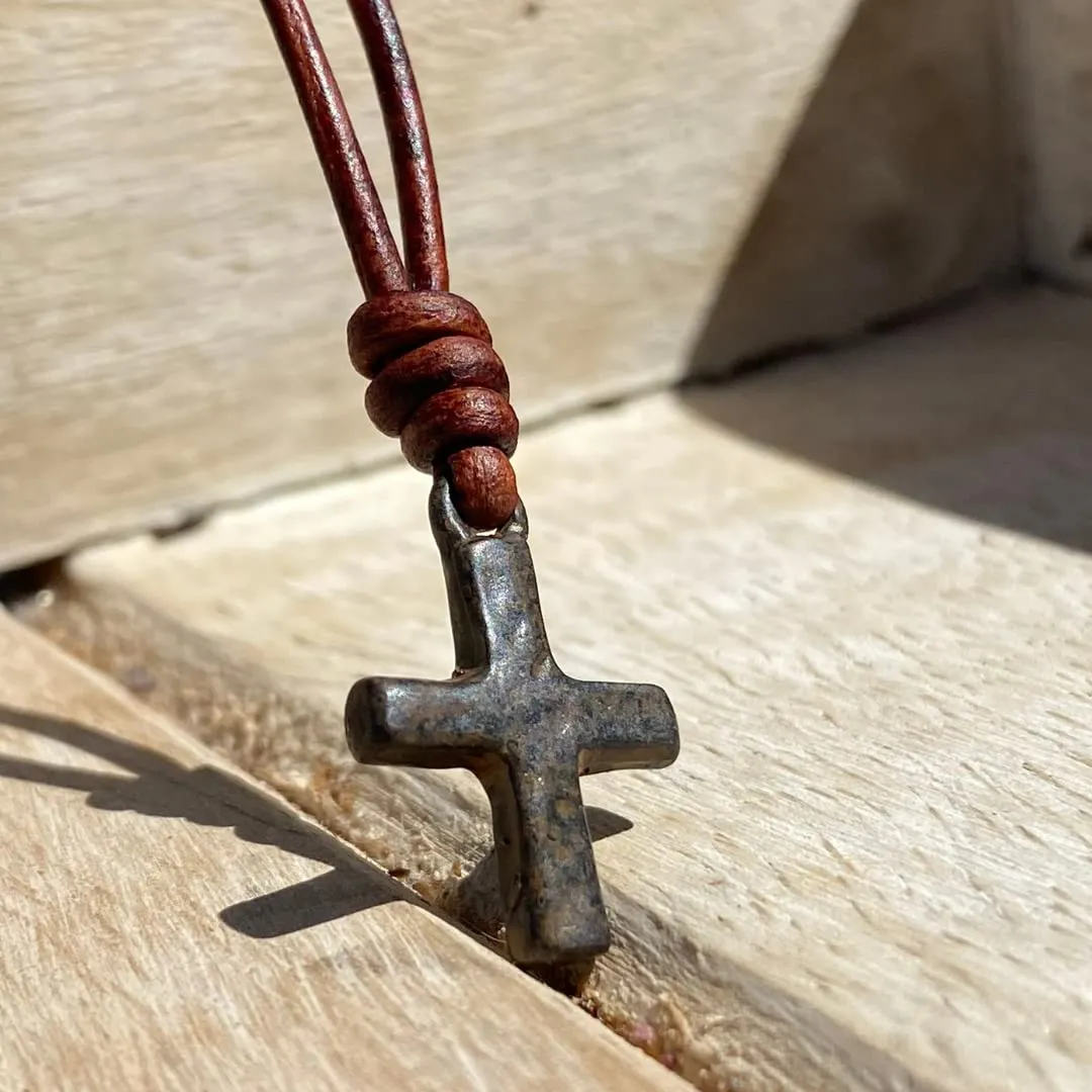Small Hammered Cross Necklace - Religious Jewelry, Mens Faith, Catholic Women, Men Gifts, Protect Us, Father Christmas Gift, Best Friend (Rustic Brown, Antique Leather)