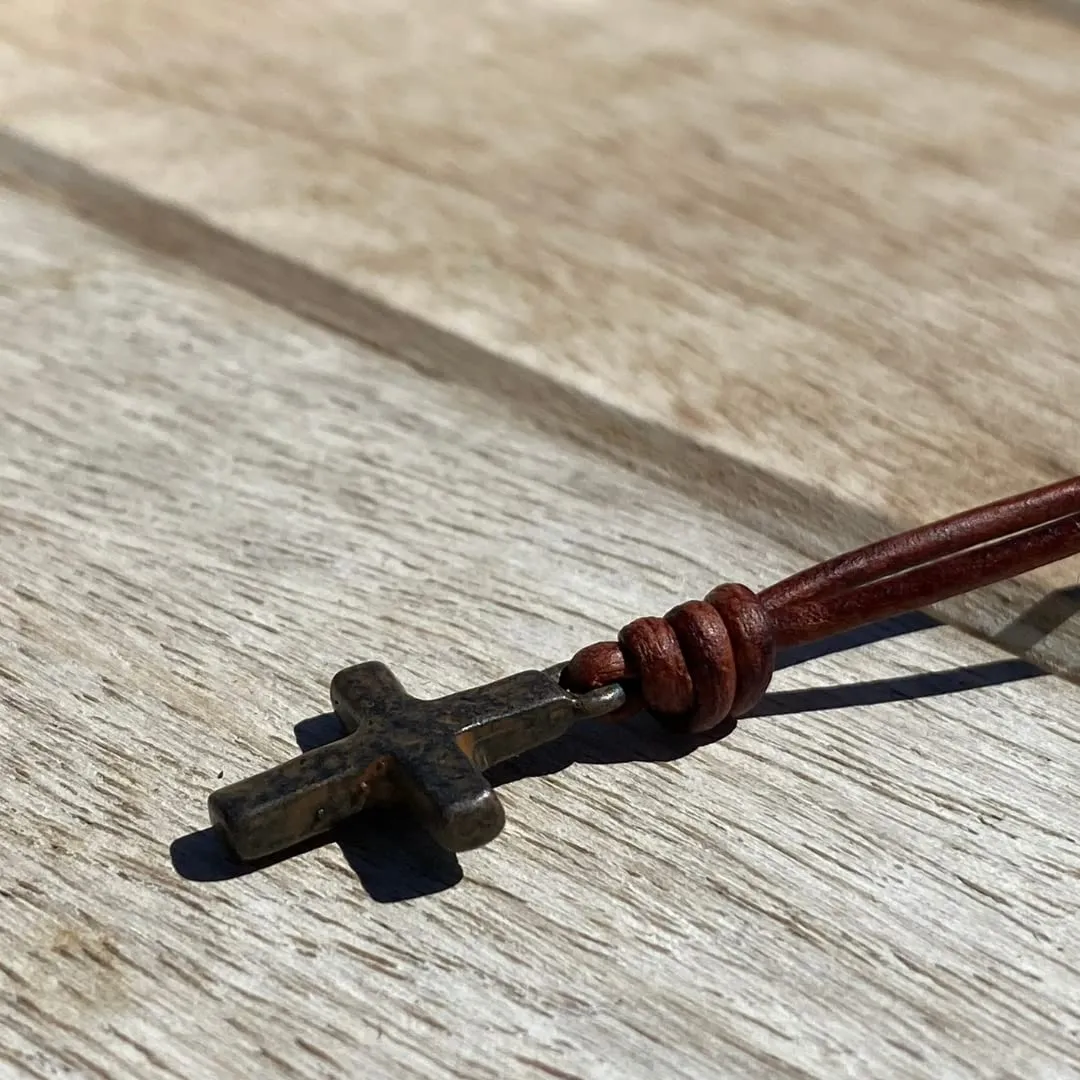 Small Hammered Cross Necklace - Religious Jewelry, Mens Faith, Catholic Women, Men Gifts, Protect Us, Father Christmas Gift, Best Friend (Rustic Brown, Antique Leather)