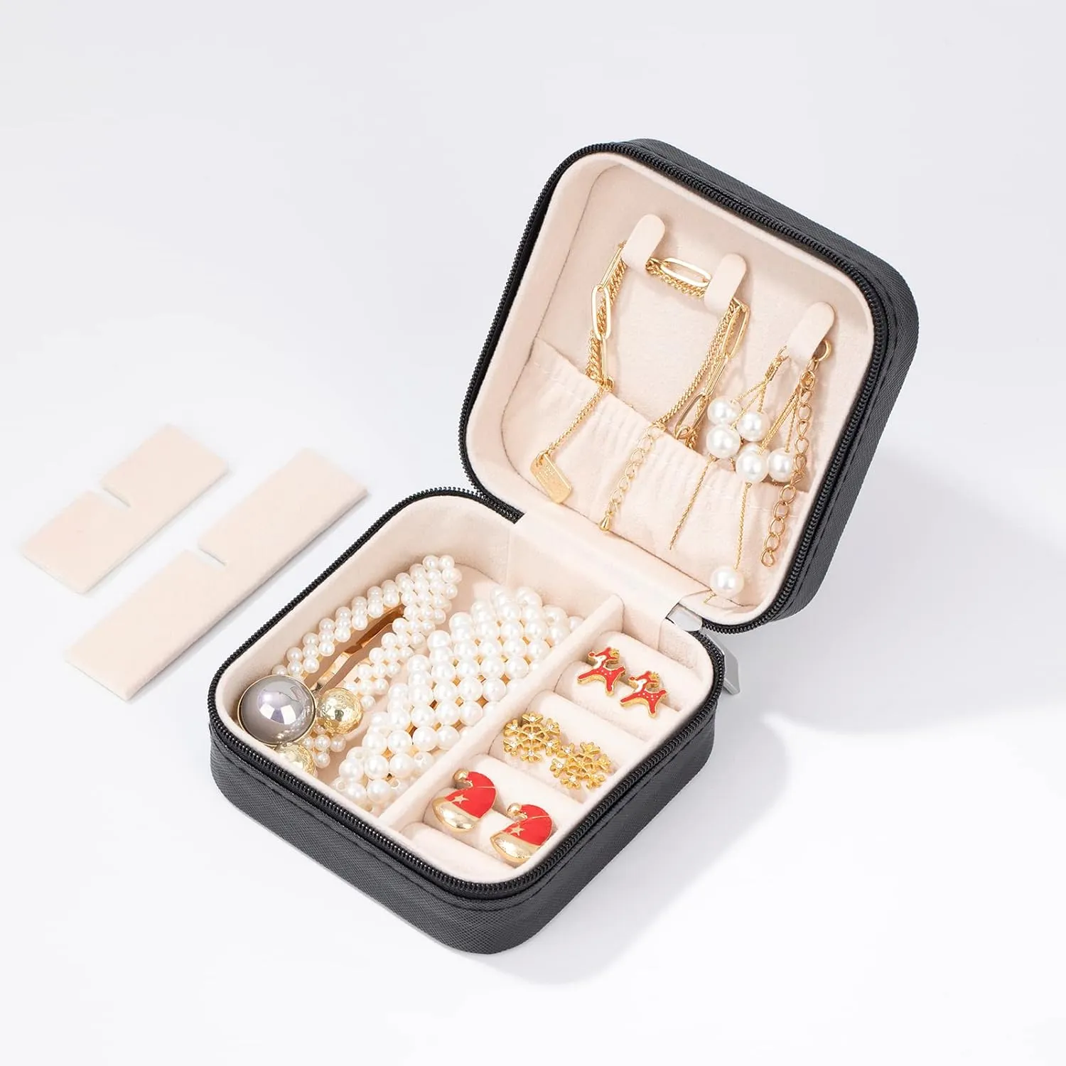 Small Travel Jewelry Case Box Organizer Earring Ring Holder for Traveling Necklace Women Children Kids Little Girls Gift PU Leather Portable Storage Carrier - Black