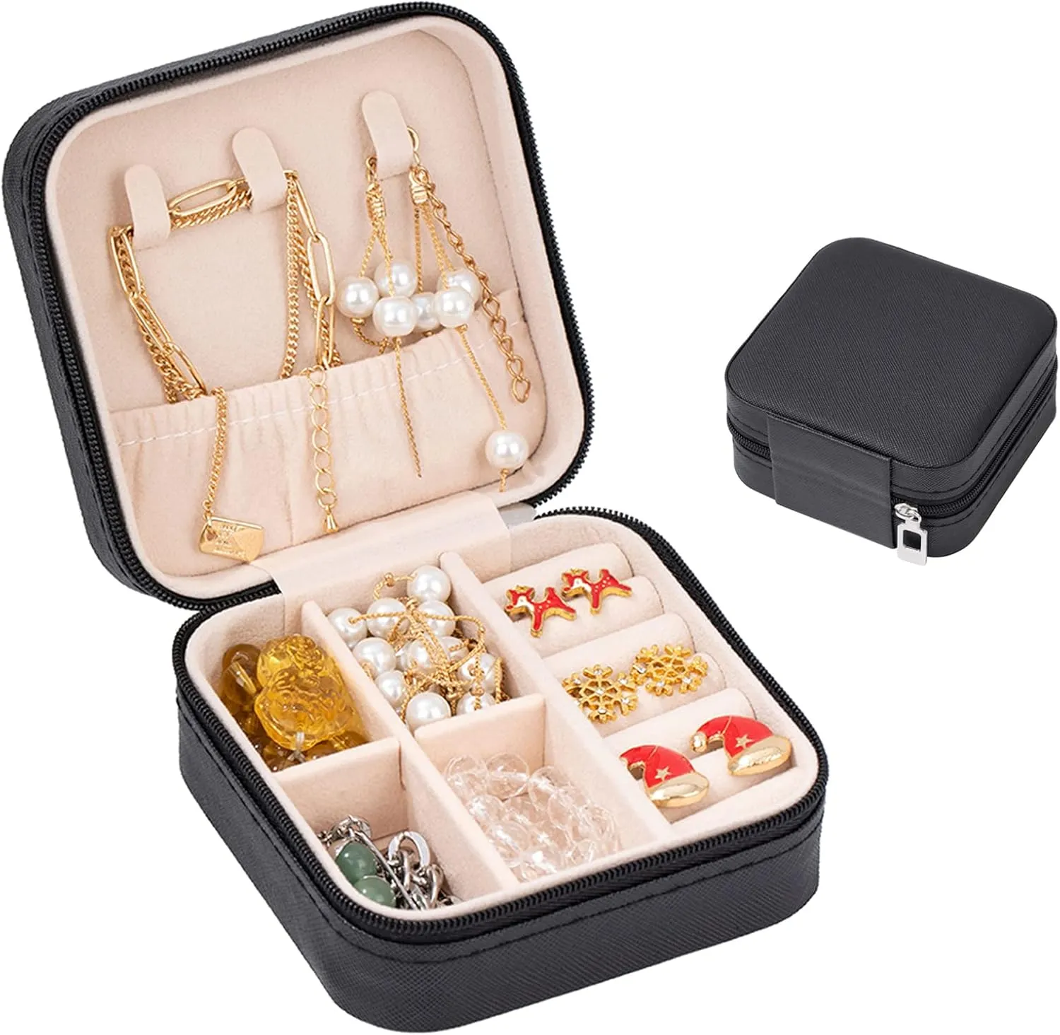 Small Travel Jewelry Case Box Organizer Earring Ring Holder for Traveling Necklace Women Children Kids Little Girls Gift PU Leather Portable Storage Carrier - Black