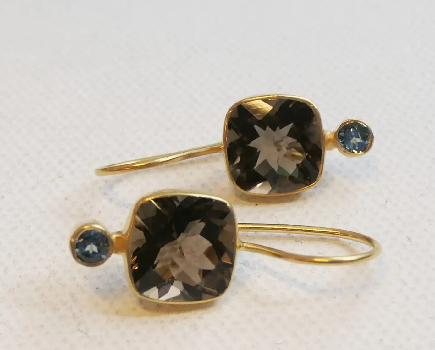 Smoky Quartz and London Blue Topaz Gold Plated Sterling Silver Drop Earrings - Natural Gem Gemstone - Birthday Gift Idea - Handmade Jewellery Gift Ideas for Women (Smoky Quartz and London Blue Topaz)