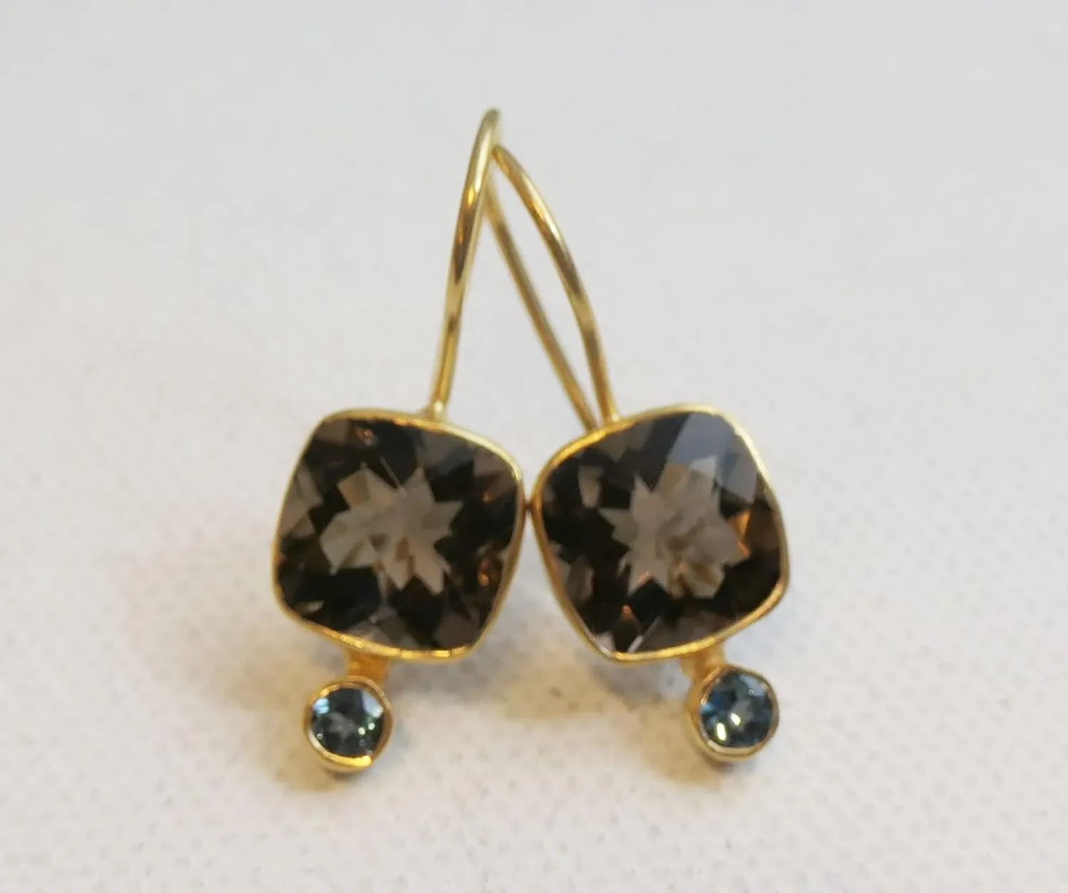 Smoky Quartz and London Blue Topaz Gold Plated Sterling Silver Drop Earrings - Natural Gem Gemstone - Birthday Gift Idea - Handmade Jewellery Gift Ideas for Women (Smoky Quartz and London Blue Topaz)