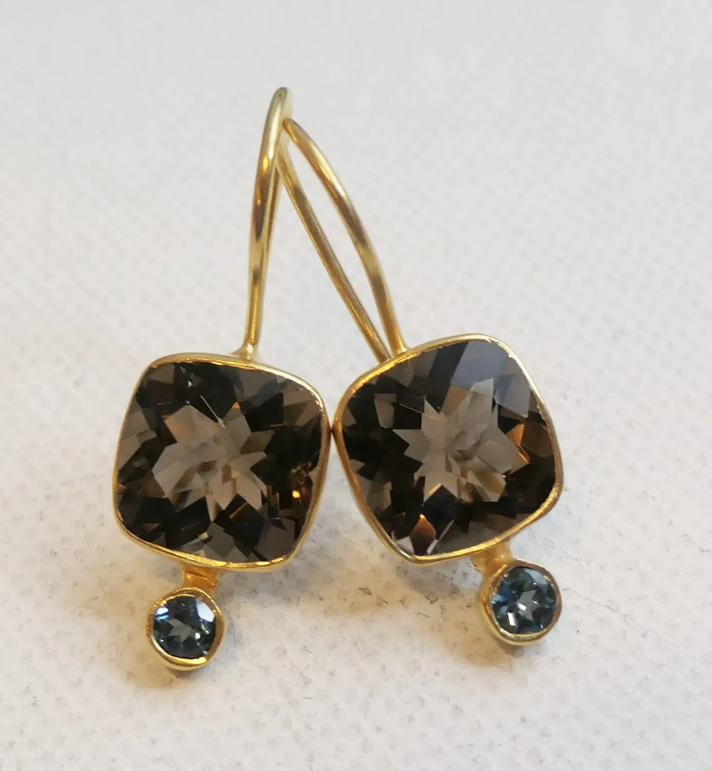 Smoky Quartz and London Blue Topaz Gold Plated Sterling Silver Drop Earrings - Natural Gem Gemstone - Birthday Gift Idea - Handmade Jewellery Gift Ideas for Women (Smoky Quartz and London Blue Topaz)