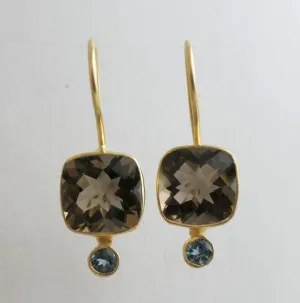 Smoky Quartz and London Blue Topaz Gold Plated Sterling Silver Drop Earrings - Natural Gem Gemstone - Birthday Gift Idea - Handmade Jewellery Gift Ideas for Women (Smoky Quartz and London Blue Topaz)