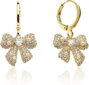Sonateomber Gold Bow Dangle Hoop Earrings for Women - Cute Sparkly Cubic Zirconia Rhinestone Ribbon Drop Small Circle Huggie Cartilage Hypoallergenic Daily Jewelry Gift